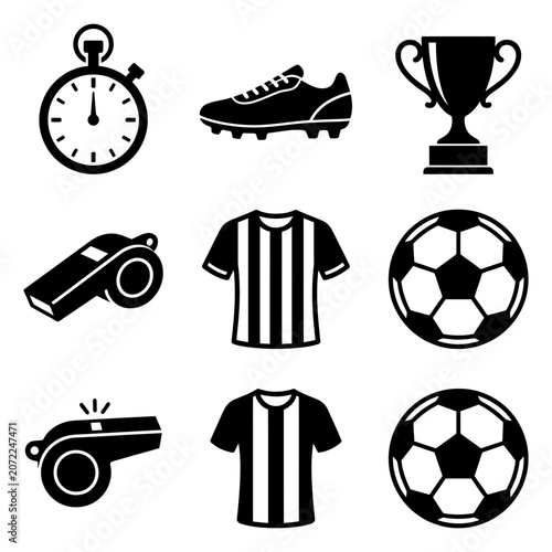 Soccer Football Game Equipment Icons Set. Essential Sport Elements: Ball, Jersey, Cleats, Whistle, Stopwatch, Trophy Black Silhouettes.