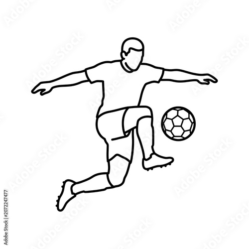 Line art illustration of a male soccer player kicking a football during a dynamic sports game, isolated on a white background.