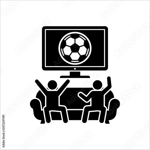 Excited fans watching a football match on television, cheering from a couch. Sports entertainment vector icon.