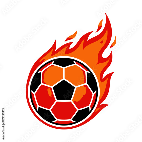 Dynamic flaming soccer ball with vibrant orange and red flames, symbolizing power, speed, and competitive sports energy.