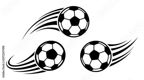 Three soccer balls in dynamic motion with speed trails. Football sport game vector illustration graphic set.