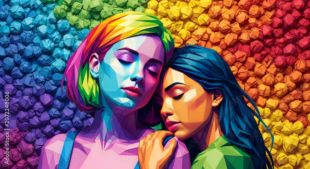 Obraz premium Colorful pixel art portrait of two women with headscarves looking at each other in a bright abstract background