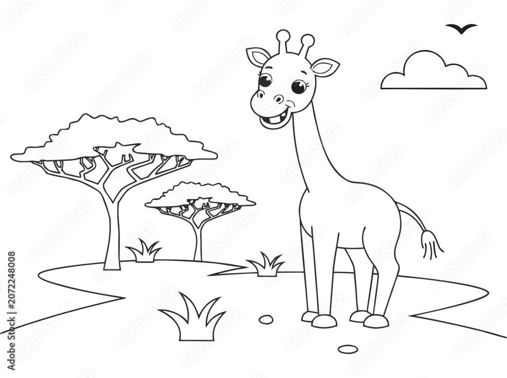 Fototapeta premium Giraffe in african savannah cartoon illustration for children's education skateboard coloring page