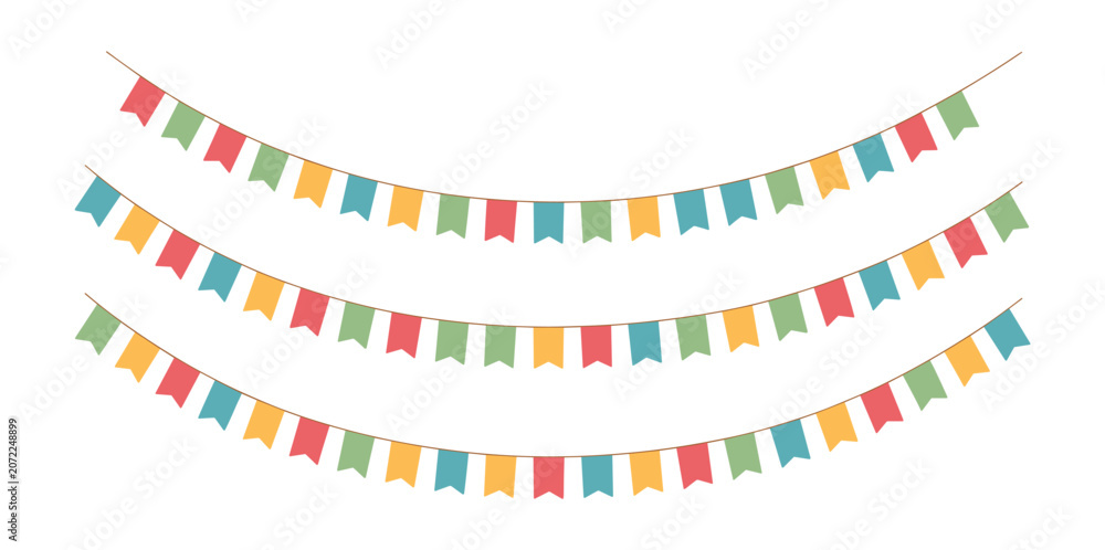 Fototapeta premium Colorful bunting flags in red, green, yellow, and blue arranged in three rows, creating a festive and celebratory atmosphere