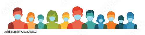 Foto A diverse group of people wearing face masks, depicted in a flat, colorful illustration