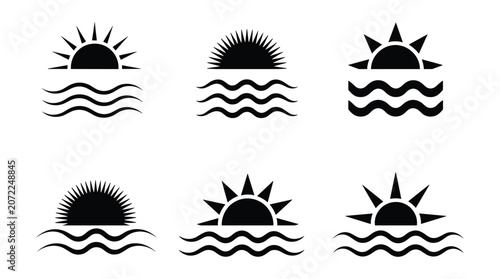 Obraz na plátně Six black and white stylized icons depicting a sun setting or rising over wavy water