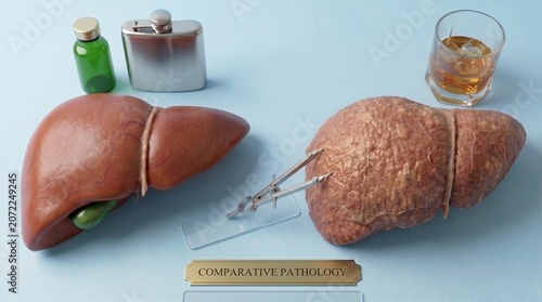 Comparison of a healthy liver and a fatty diseased liver model on blue background, hepatology research, metabolic health awareness