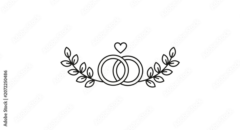 Fototapeta premium A simple line art illustration of two wedding rings with leaves