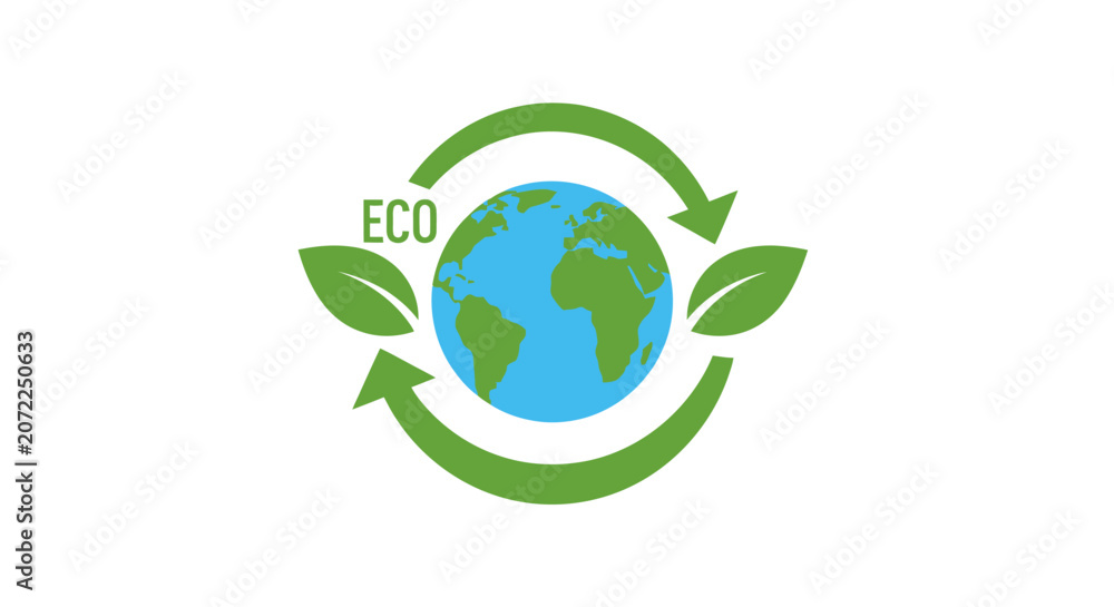 Fototapeta premium A green circular arrow icon surrounds a blue planet earth symbol