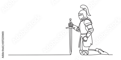 Schilderij op canvas Continuous single line drawing of a medieval knight in shining armor kneeling on