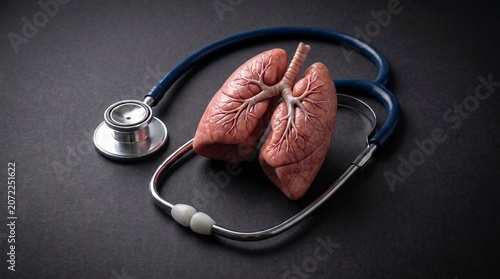 Anatomical lungs model with a stethoscope on a dark clinical surface, respiratory system checkup, lung health awareness, medical prevention