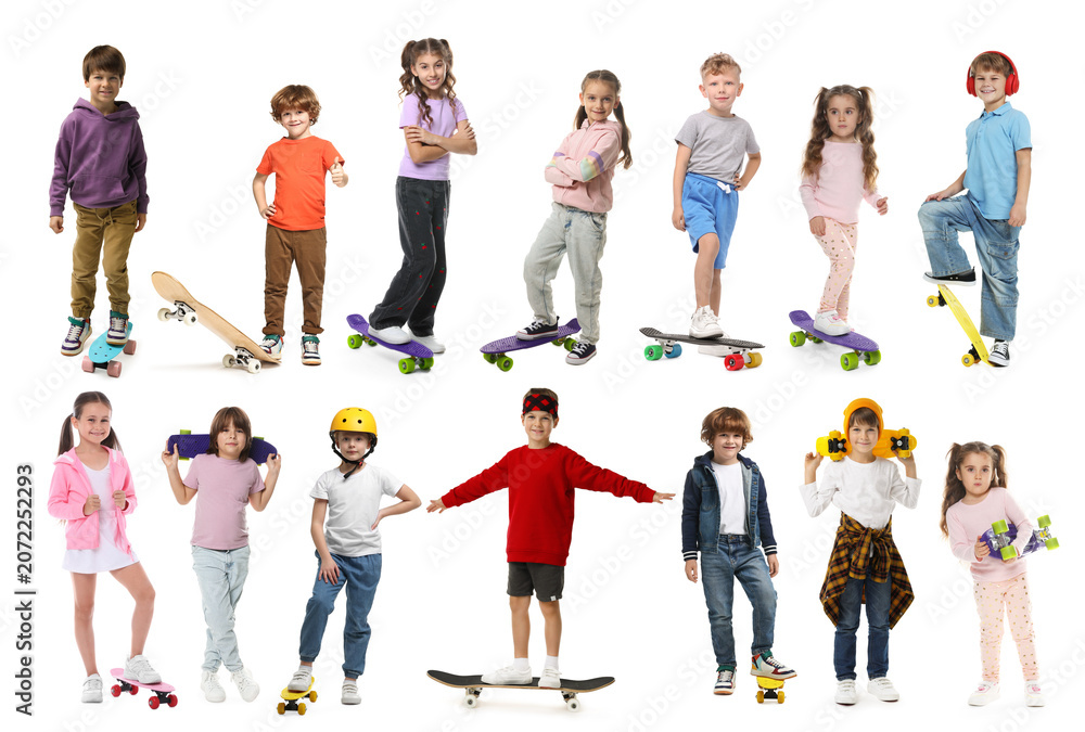 Obraz premium Children with skateboards, sports class for kids. Collection of portraits on white background