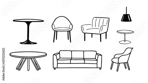 Modern Furniture Line Art Vector Set with Chairs, Tables, Sofa and Armchairs, Minimalist Interior Furniture Outline Collection