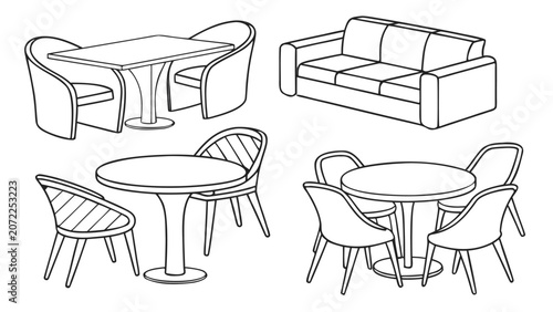 Modern Furniture Line Art Vector Set with Chairs, Tables, Sofa and Armchairs, Minimalist Interior Furniture Outline Collection