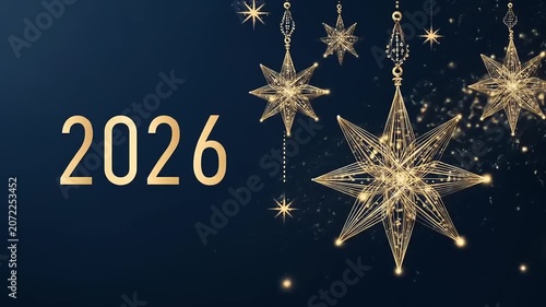Elegant 2026 celebration golden stars and numbers on dark background