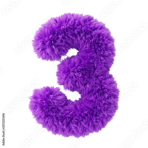 Purple fluffy number 3 isolated on transparent background