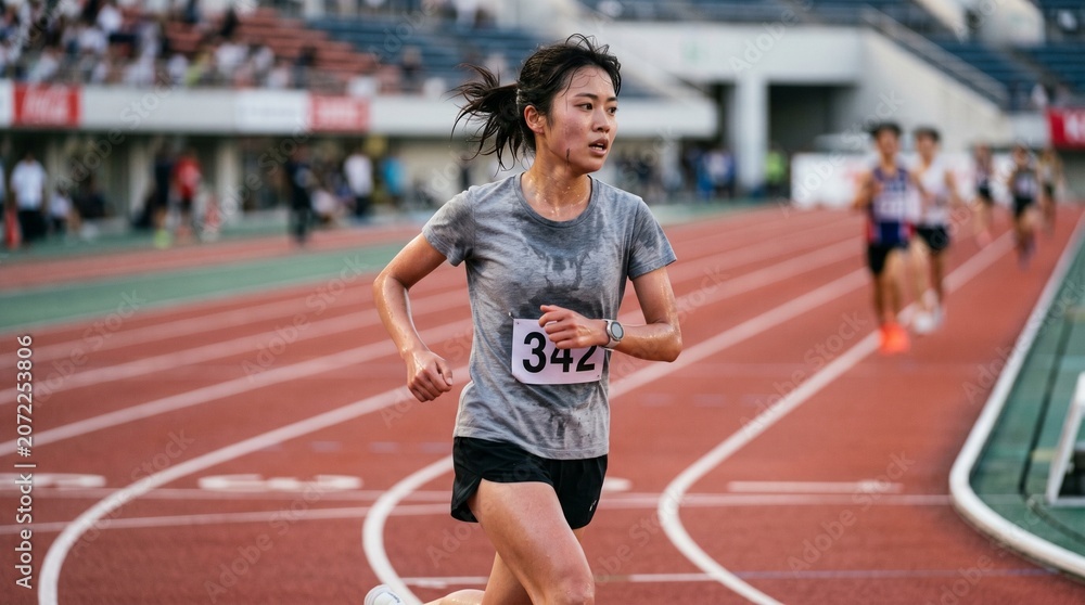 Obraz premium Asian female athlete sweats during a competitive track and field race at a stadium High intensity athletic performance
