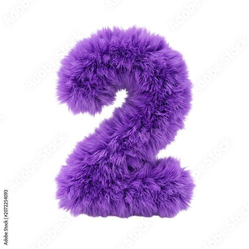 3d rendering of a fluffy purple number two isolated on transparent background