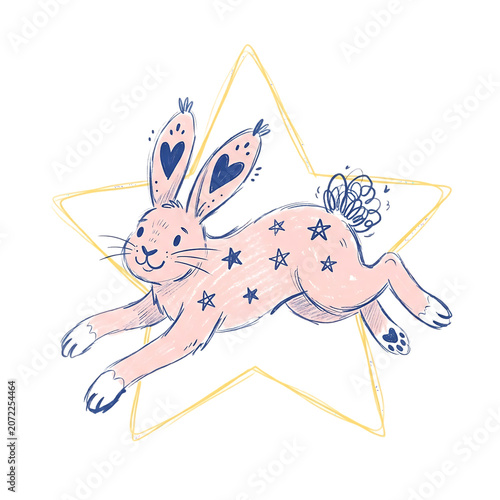 Cute pink bunny rabbit jumping with heart ears and star patterns isolated on transparent background