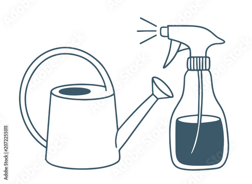 A simple line-art illustration of a watering can and a spray bottle with mist lines on a white background