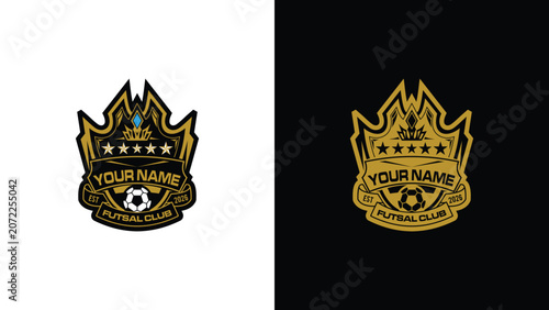 Customizable Futsal Club Emblem Featuring A Golden Crown Shield And Ball Design For Professional Soccer Team Branding And Sports Identity