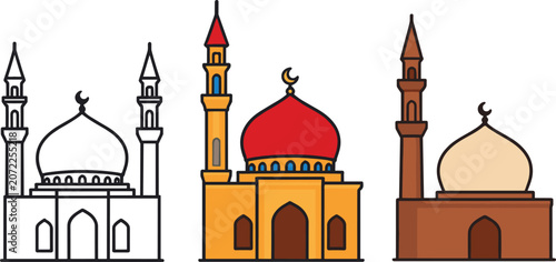 Valokuva Vector illustration of three mosques with different architectural styles and col