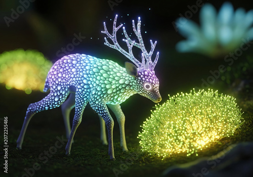 Whimsical Digital Illustration of a Mystical Deer Sparkling with Luminous Rainbow Patterns in a Dark Forest