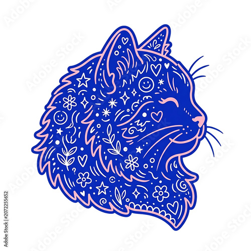 Cute cat head illustration with doodle patterns isolated on transparent background