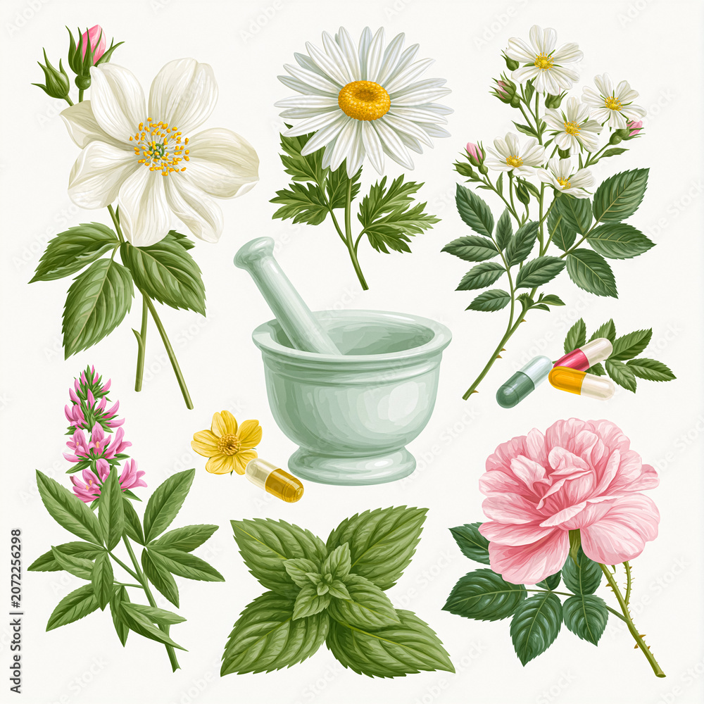 Naklejka premium Botanical elements and pharmacy tools like a mortar and pestle, showing natural supplement capsules, flowers, and herbs