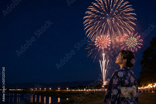 川辺の花火大会を見上げる浴衣の女性