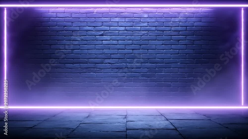 Neon light frame on brick wall background with fog and copy space