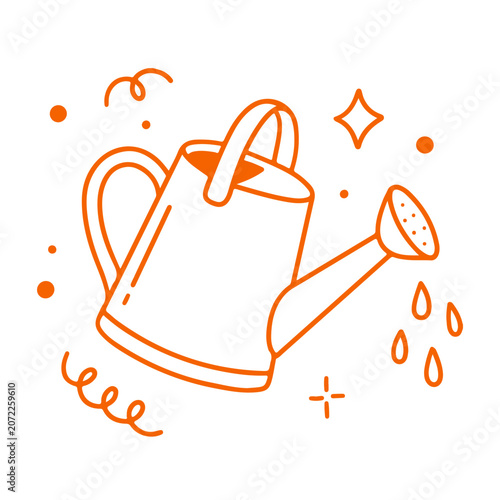 A simple hand-drawn illustration of an orange watering can with decorative elements on a white background. Doodle