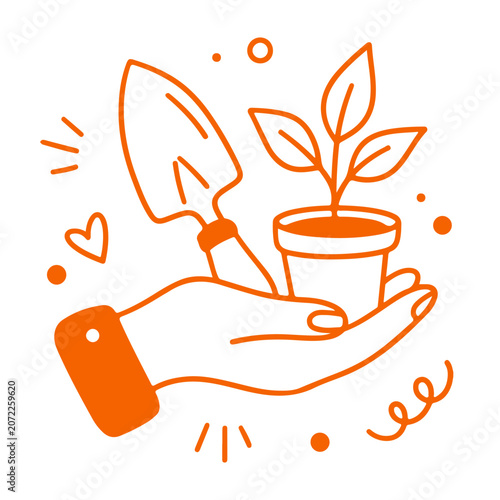 A minimalist orange line art illustration of a hand holding a potted plant and a trowel on a white background. Doodle