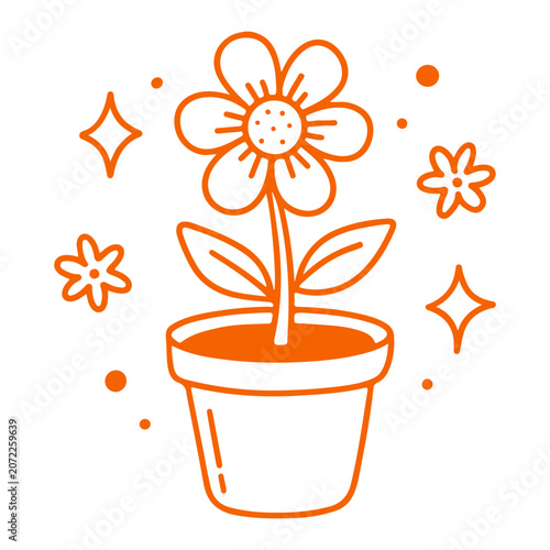 A simple orange line drawing of a potted flower with decorative elements on a white background. Doodle