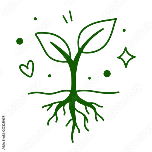 A minimalist dark green line drawing of a young plant with roots and decorative elements on a white background. Doodle