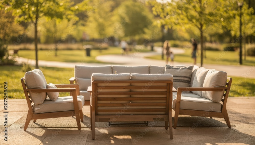 Fototapeta premium Sunny outdoor seating space featuring a medium shot on the main seating cluster with blurred trees and walking paths creating a serene family visit setting.