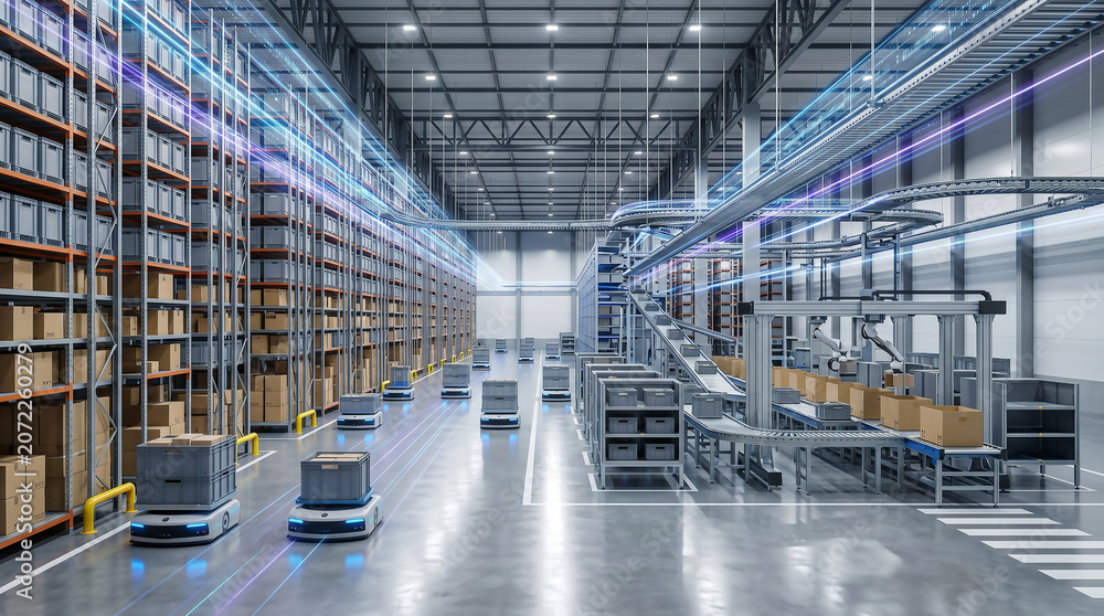 Fototapeta premium Automated robots moving goods in a modern distribution warehouse