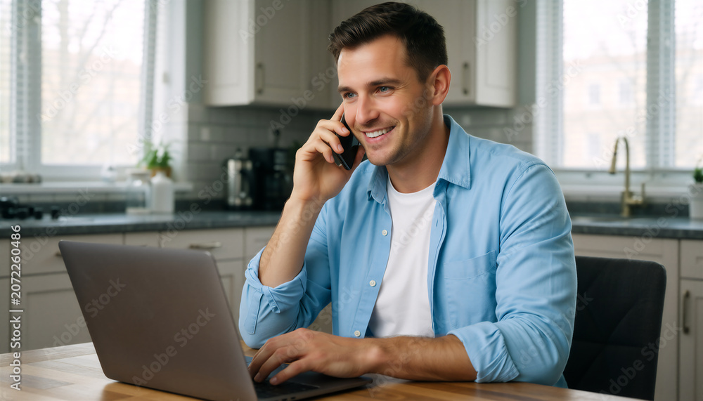Naklejka premium Man working remotely on video call in a bright kitchen setting, using laptop and phone.