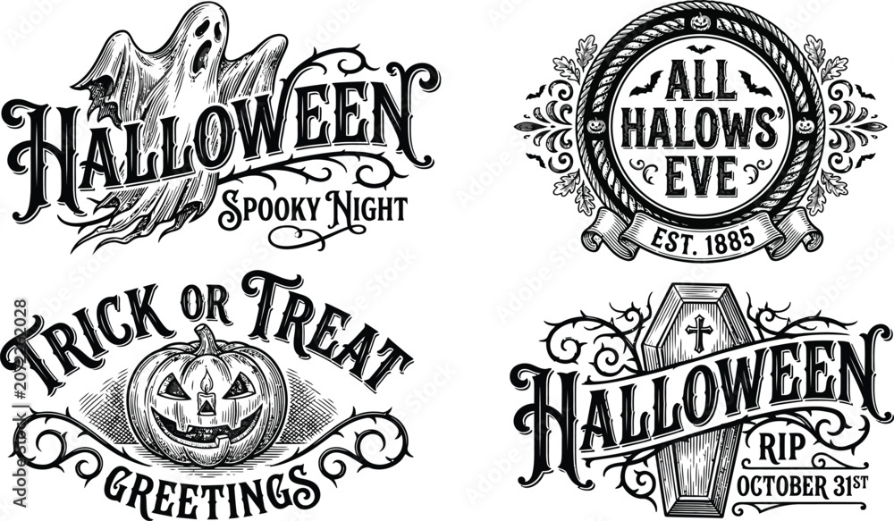 Fototapeta premium Vintage helloween typography collection spooky night all hallows' eve trick or treat and halloween designs