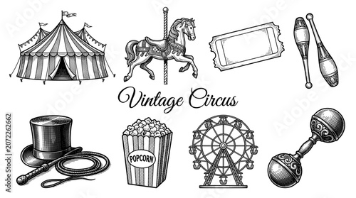 Vintage Circus Elements Set, Hand-Drawn Engraving Style Vector Illustrations Featuring Big Top Tent, Carousel Horse, Ferris Wheel, Popcorn, and Carnival Admission Ticket