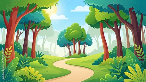 Peaceful winding dirt path through a lush green summer forest landscape with vibrant trees and sunlight