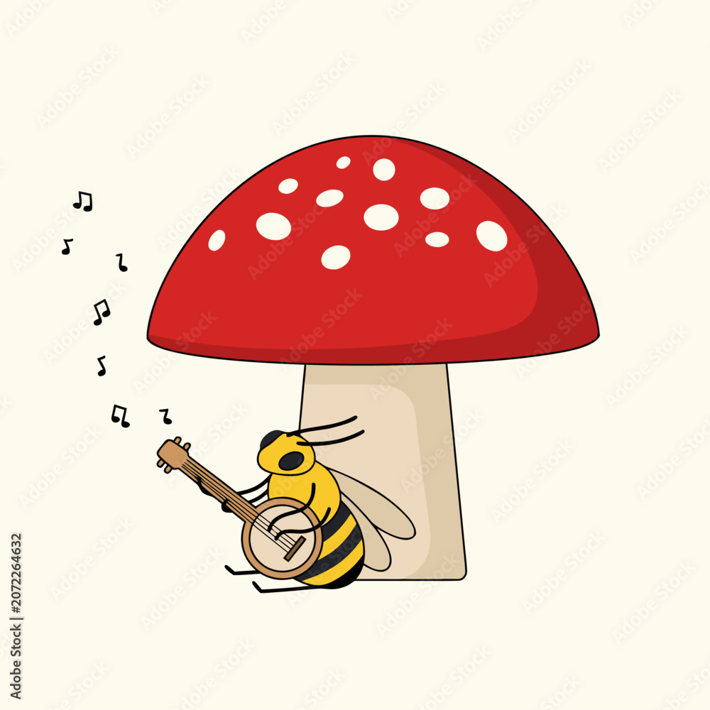 Fototapeta premium bee playing music beside mashroom
