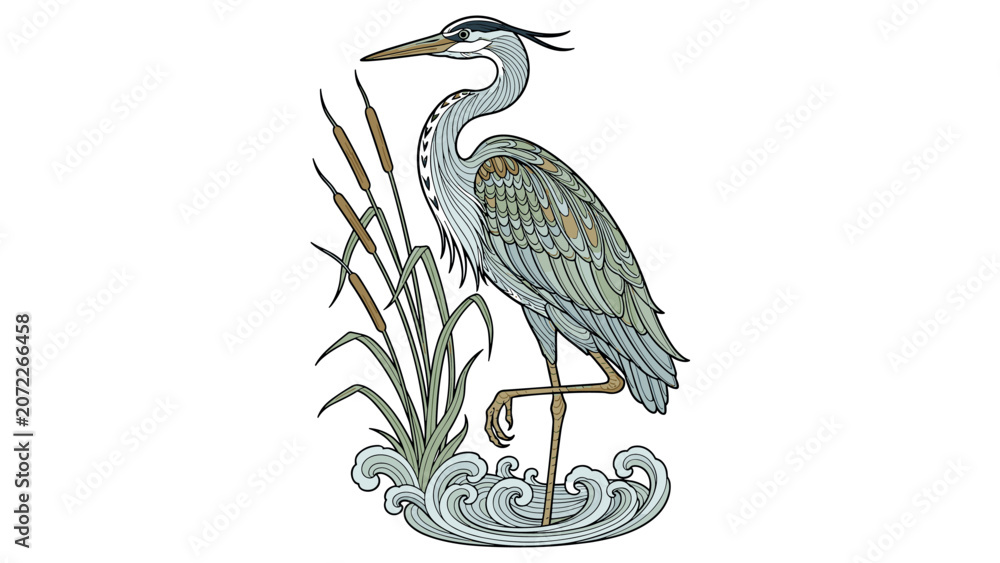 Fototapeta premium Art Nouveau Heron Bird Standing in Water with Cattails