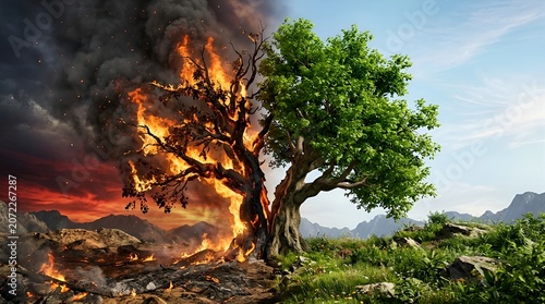 El Nino - Half Burning Tree with Mountain Background – Climate Change Concept