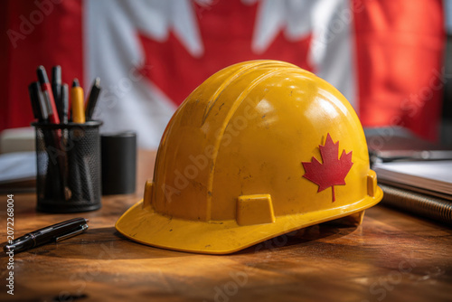 yellow helmet of a builder on a wooden table against the background of the flag. labor day in Canada.