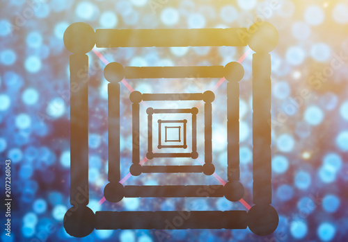 Interconnected squares forming an optical illusion of depth against a blurred digital background