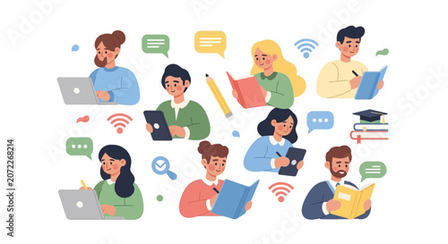 People using digital devices together online.