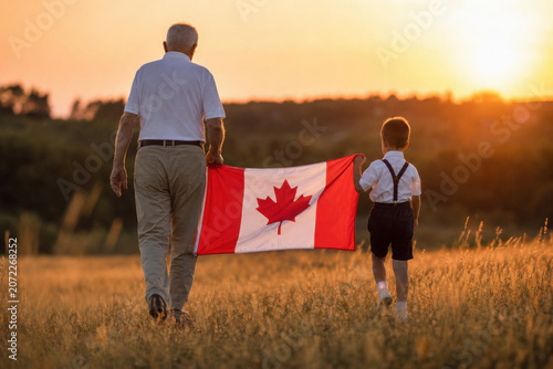 Attractive old senior  man and grahdson holding Canadian Flag. National holiday. Grandpa retiree. Retirement parent