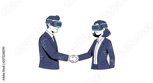 Business People Wearing VR Headsets Shaking Hands.