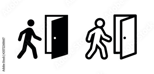 Obraz na płótnie Two icons of a person walking through an open door, one solid, one outline